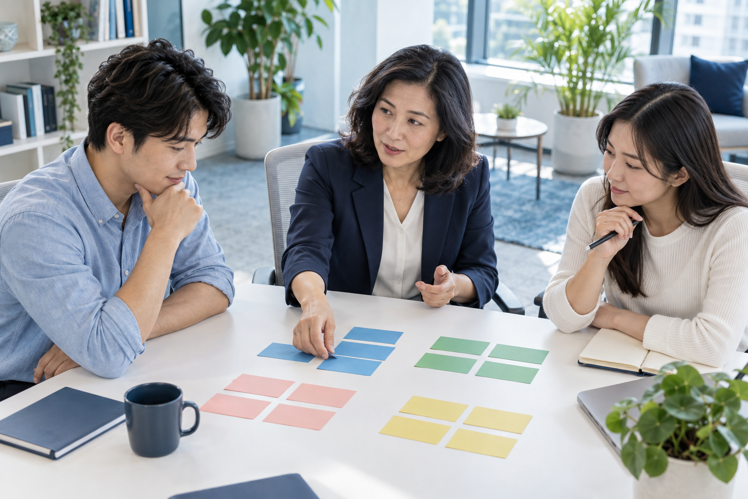 A manager and colleagues exploring their team's strengths — AI illustration