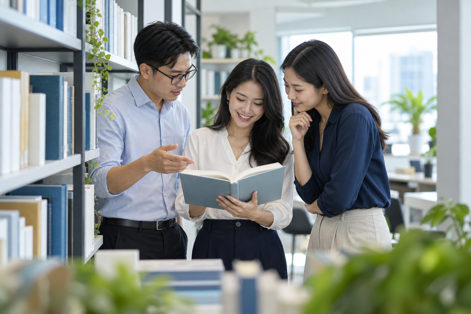 Đồng nghiệp cùng chia sẻ sách trong thư viện doanh nghiệp — minh họa AI