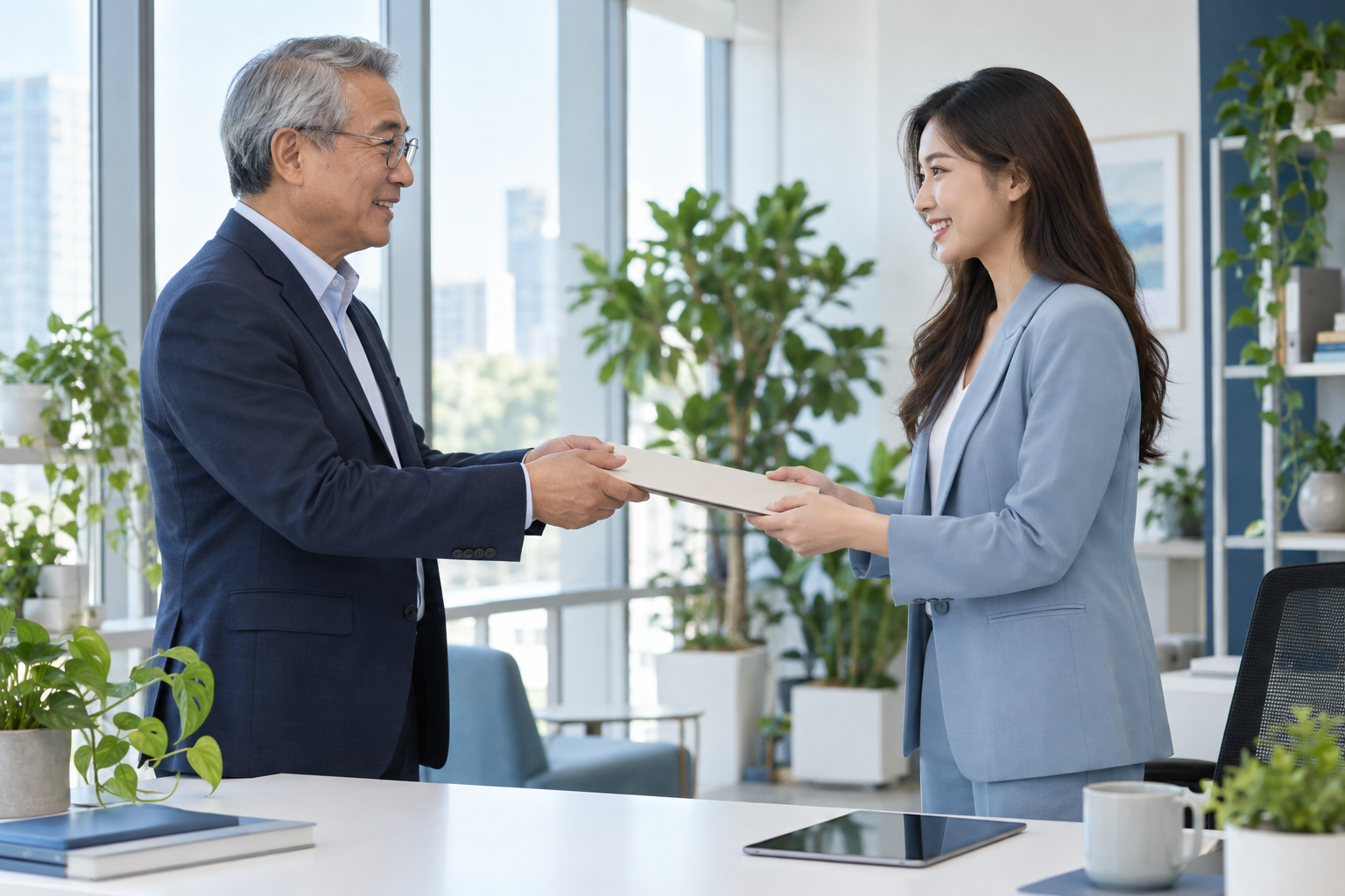 Người hướng dẫn bàn giao dự án cho thế hệ lãnh đạo kế thừa — minh họa AI