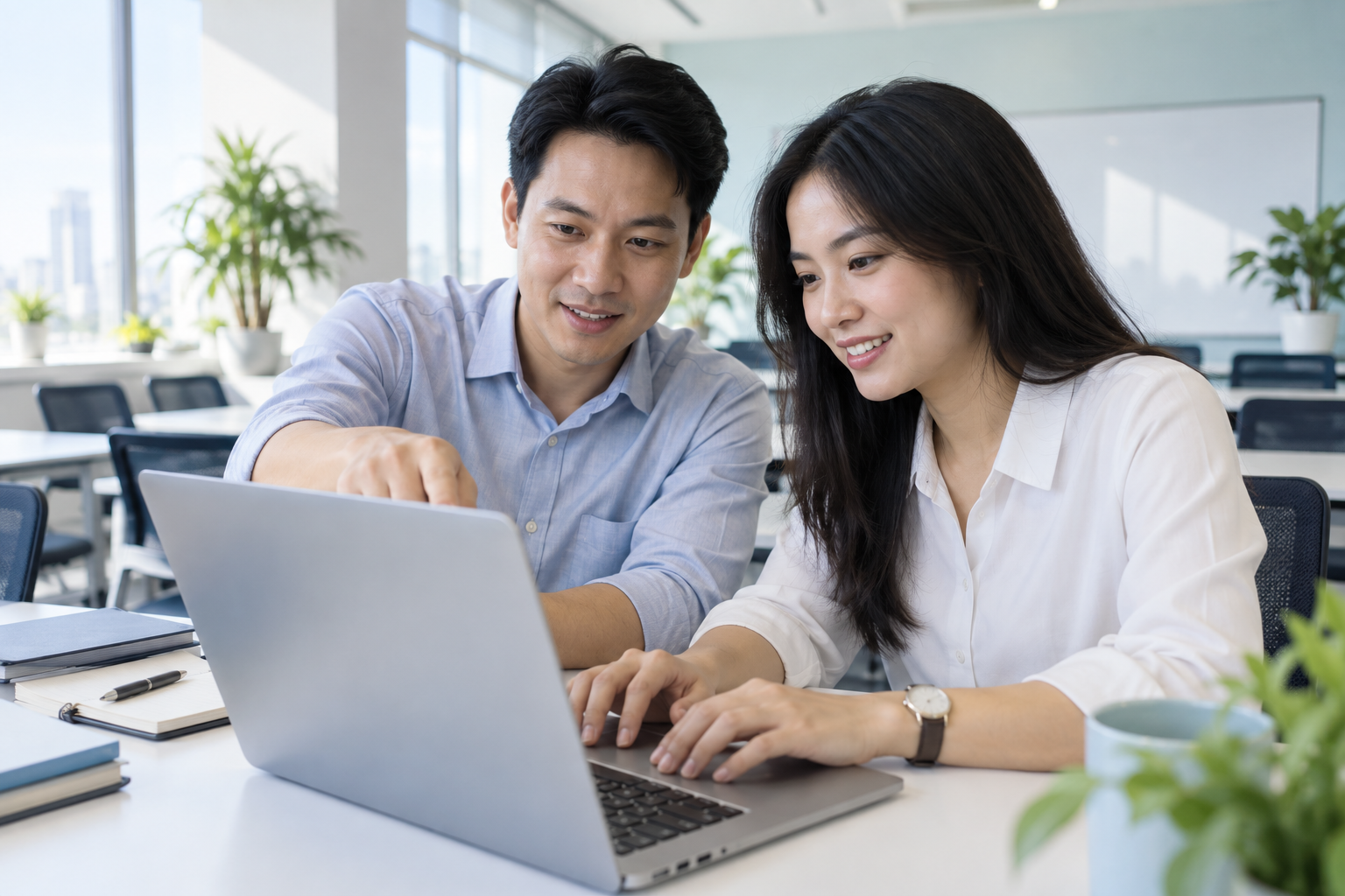 Đồng nghiệp cùng thực hành kỹ năng trên máy tính — minh họa AI