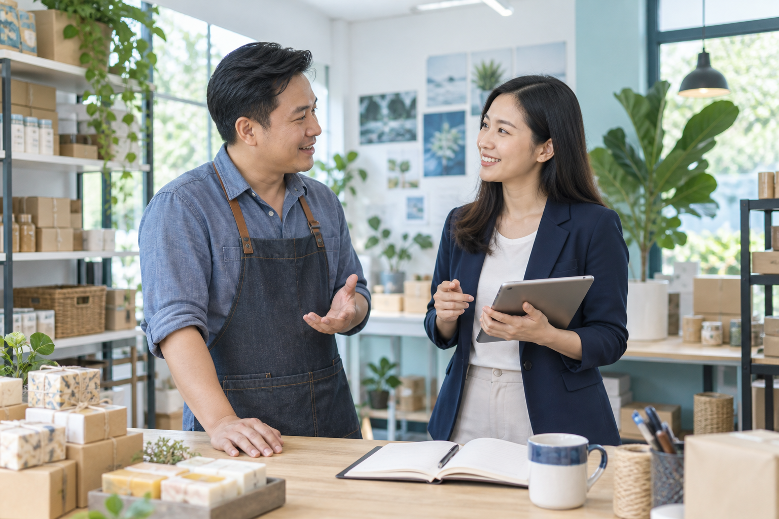 Chủ doanh nghiệp cùng chuyên gia hoạch định thay đổi công nghệ — minh họa AI