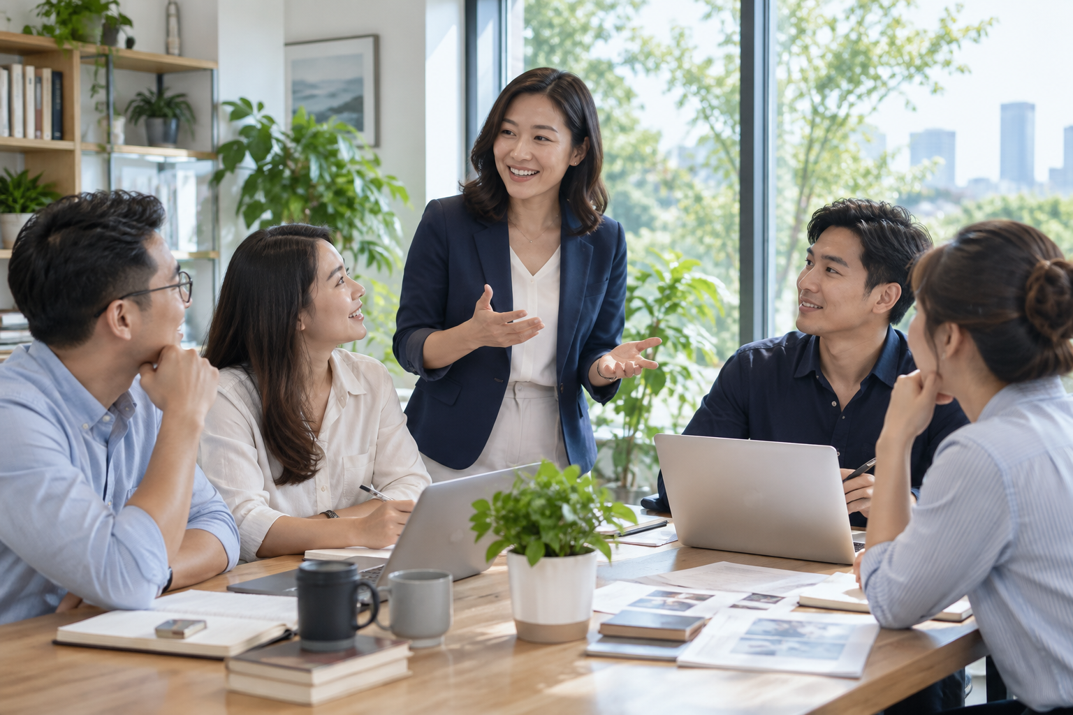 Người lãnh đạo lắng nghe và khuyến khích ý tưởng của đồng nghiệp — minh họa AI