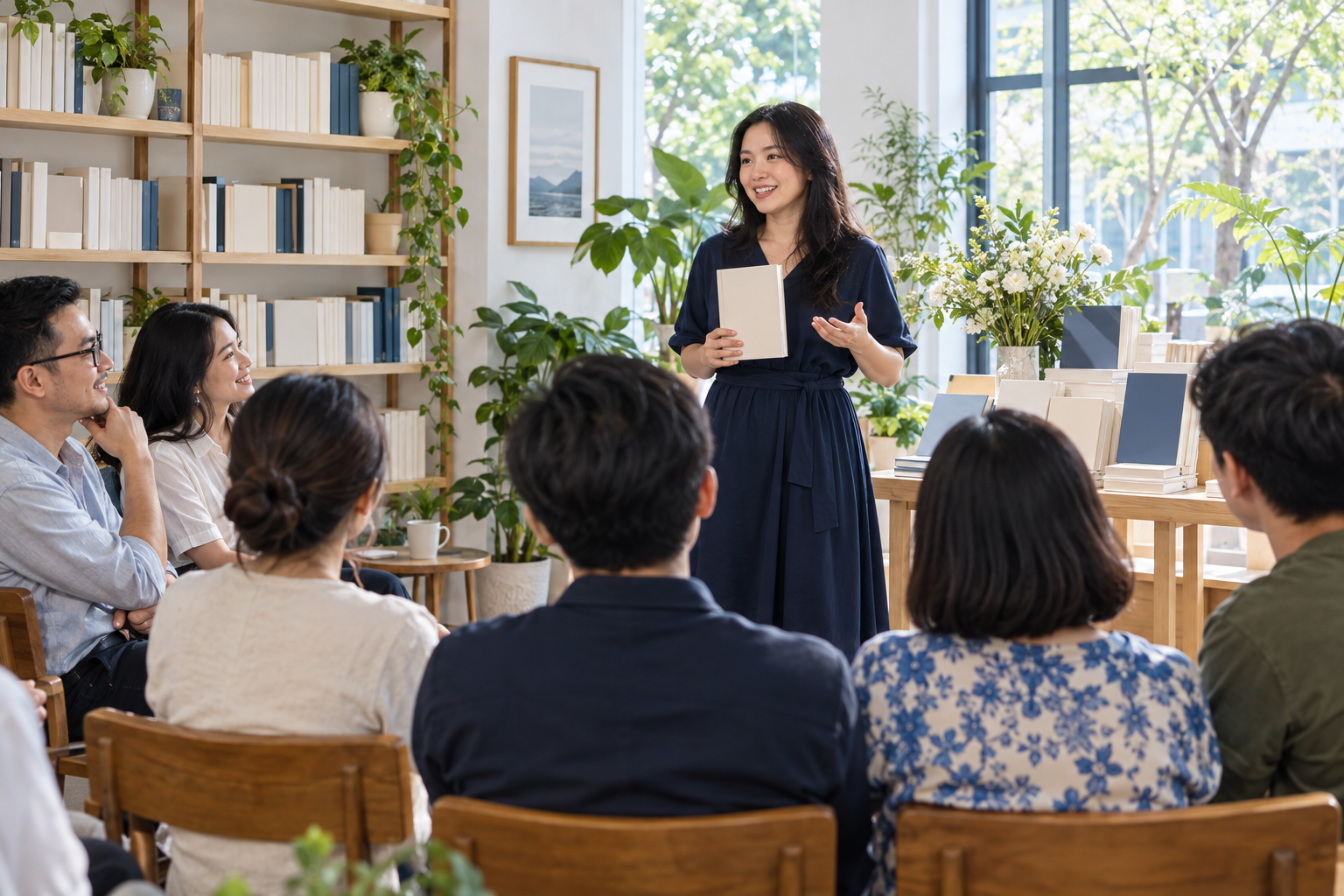 Buổi giao lưu sách trong không gian đọc sáng và gần gũi — minh họa AI