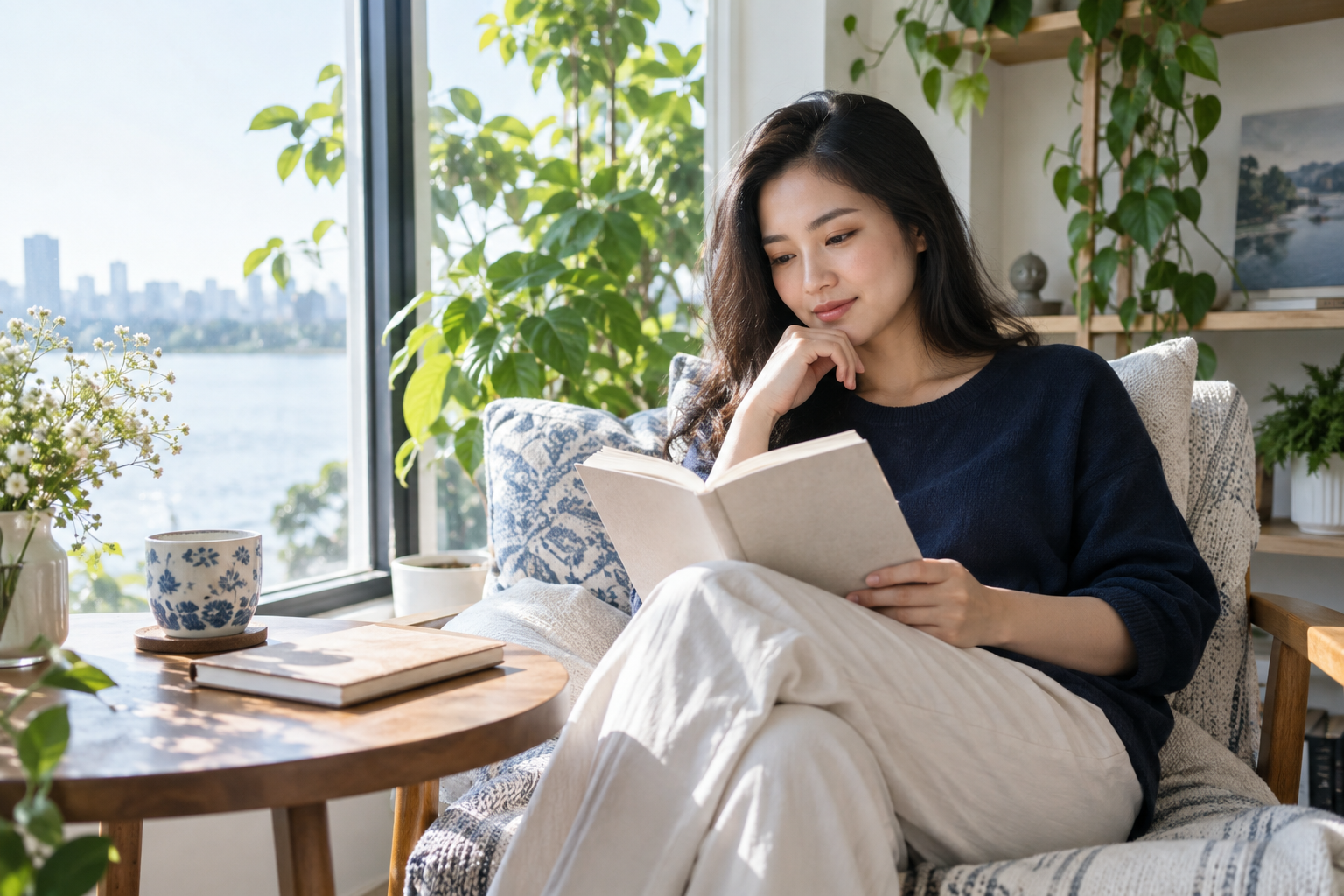 Người đọc suy ngẫm và ghi chép về phát triển bản thân — minh họa AI