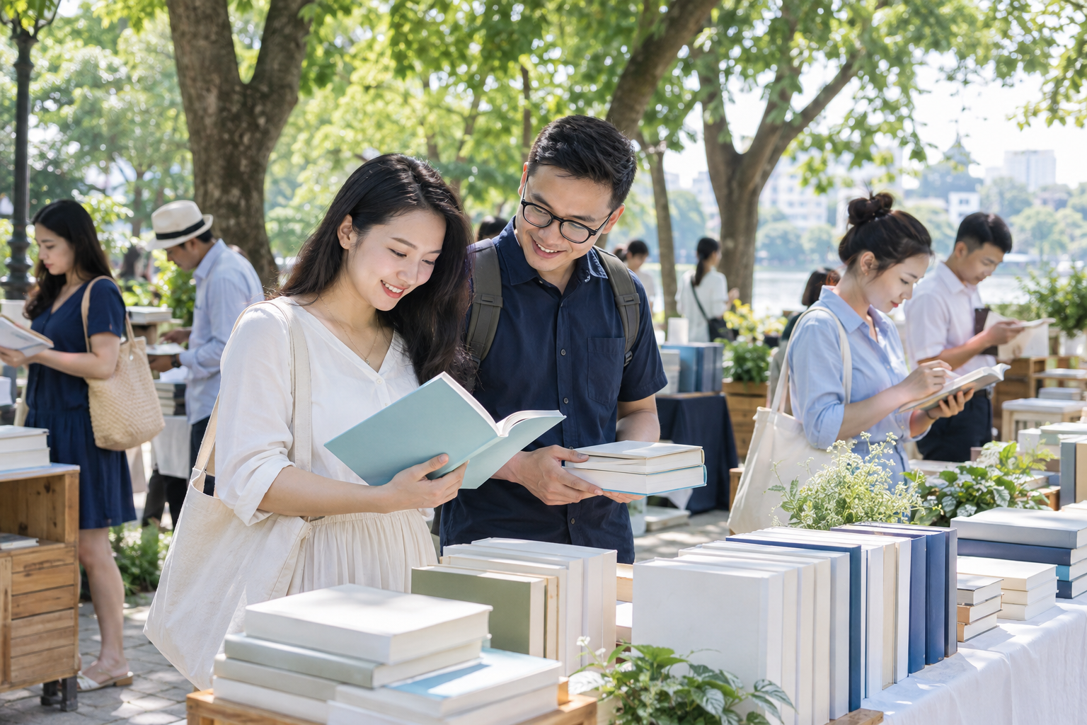 Mọi người khám phá các gian sách dưới tán cây — minh họa AI