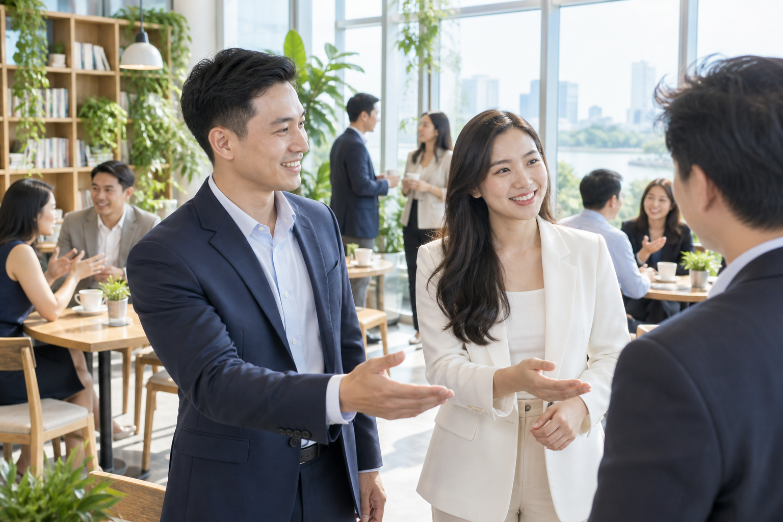 Đại diện doanh nghiệp kết nối và trao đổi trong không gian thân thiện — minh họa AI