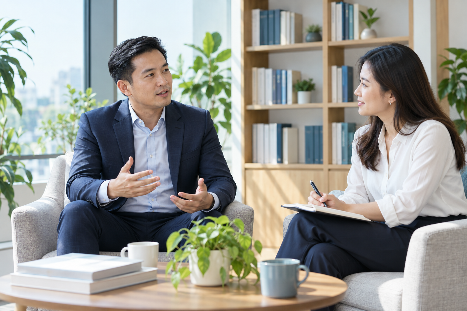 Cuộc trò chuyện với chuyên gia trong thư viện văn phòng — minh họa AI