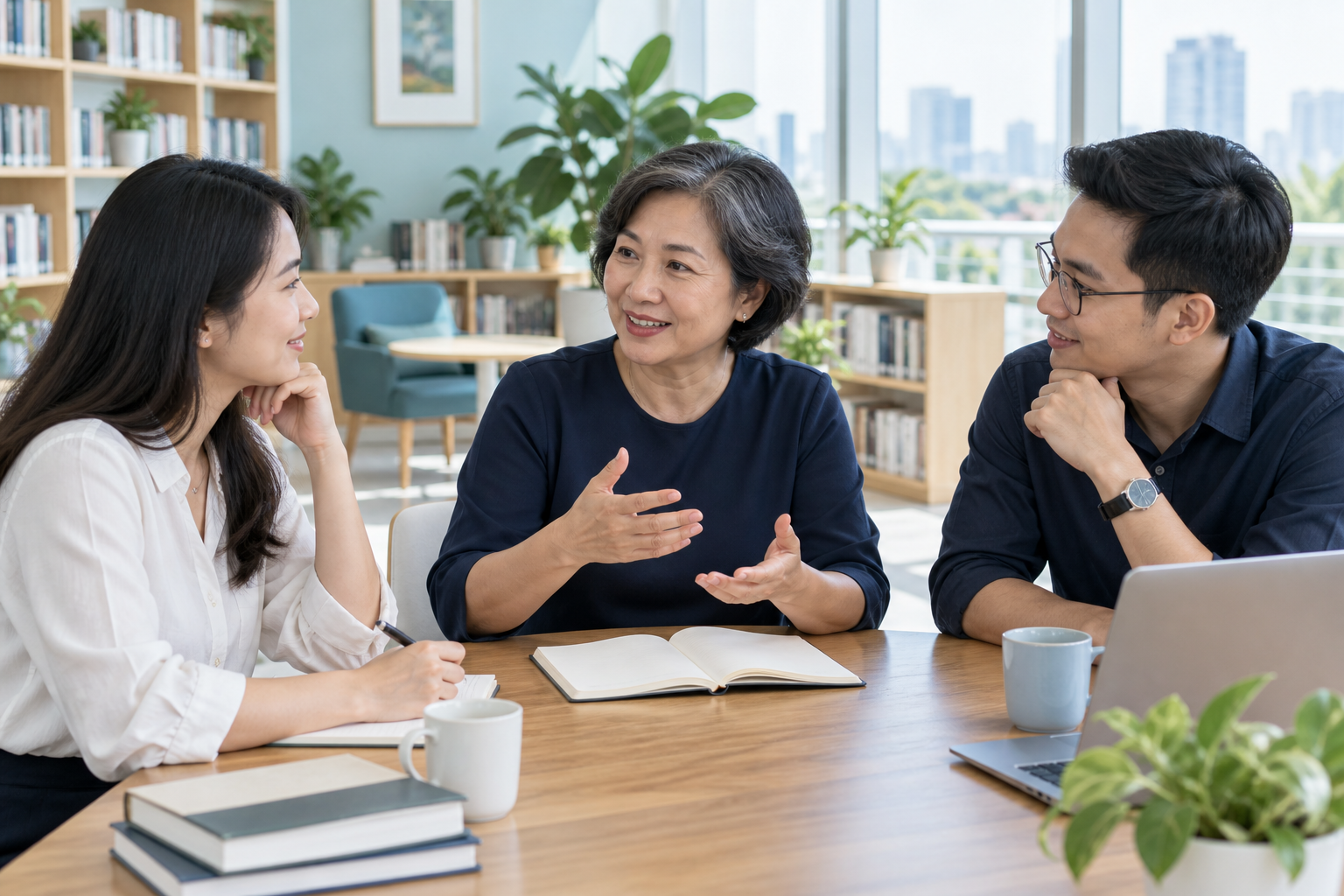 A mentor listening to and exchanging ideas with colleagues — AI illustration