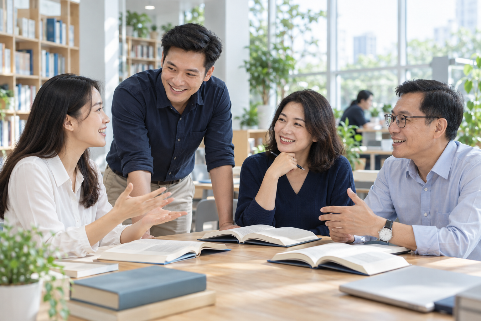 People reading and sharing knowledge in a bright space — AI illustration